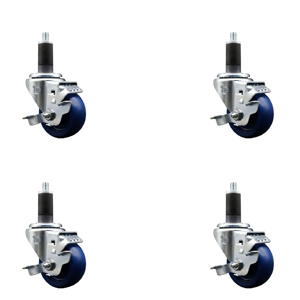 Stainless Steel Solid Polyurethane Swivel Expanding Stem Caster Set of 4 with 3 Inch Blue Wheels and 1-1/4" Stems-4 Swivel with Top Locking Brakes-300 lbs. Capacity Per Caster-Service Caster Brand — photo 1