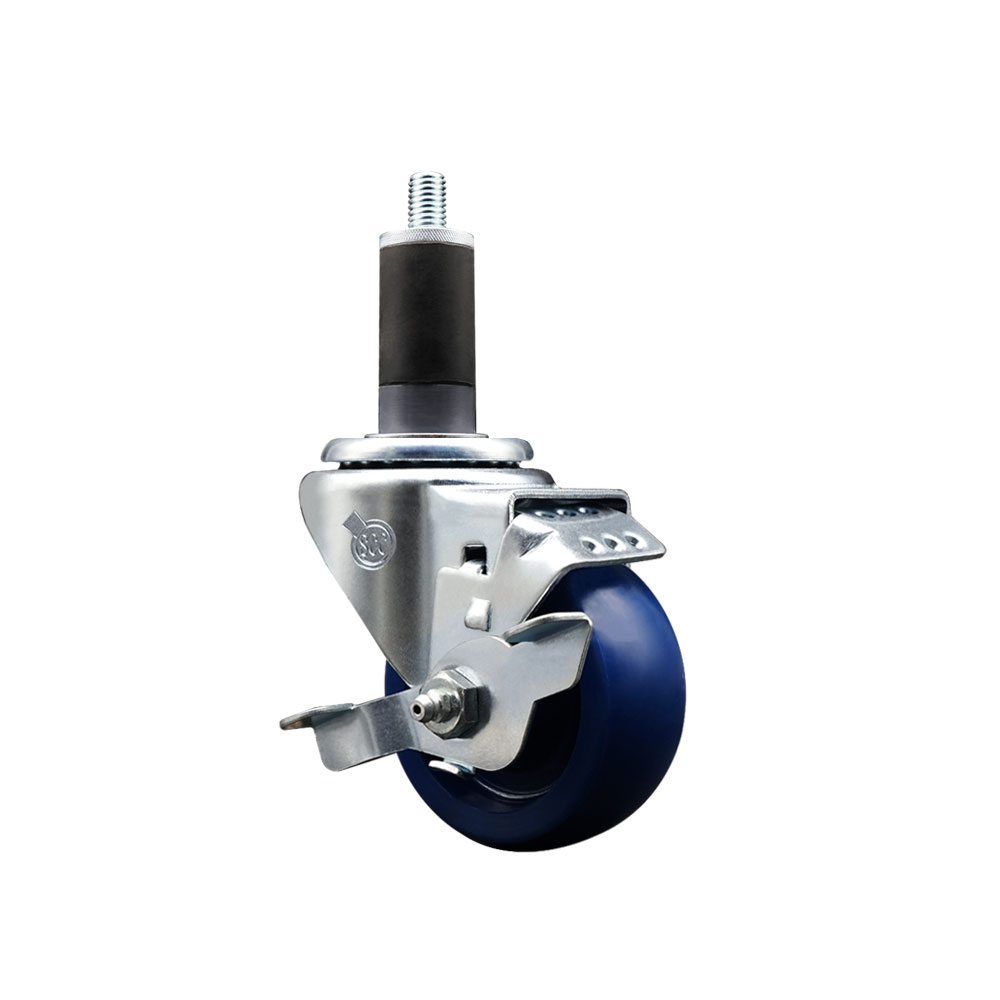 Solid Polyurethane Expanding Stem Swivel Caster with 3 Inch Blue Wheel and 1-1/4" Stem & Top Locking Brake - 300 lbs. Capacity Per Caster - Service Caster Brand — photo 1