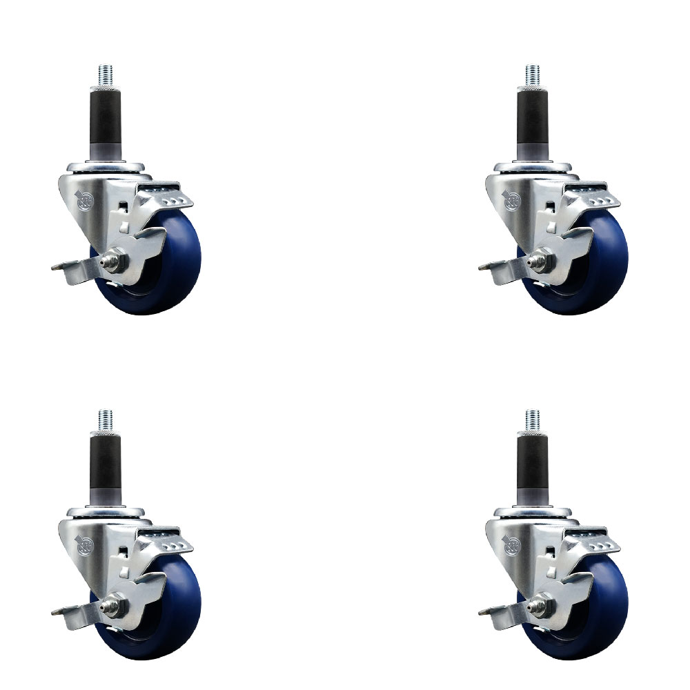 Stainless Steel Solid Polyurethane Swivel Expanding Stem Caster Set of 4 with 3 Inch Blue Wheels and 1-1/8" Stems-4 Swivel with Top Locking Brakes-300 lbs. Capacity Per Caster-Service Caster Brand — photo 1
