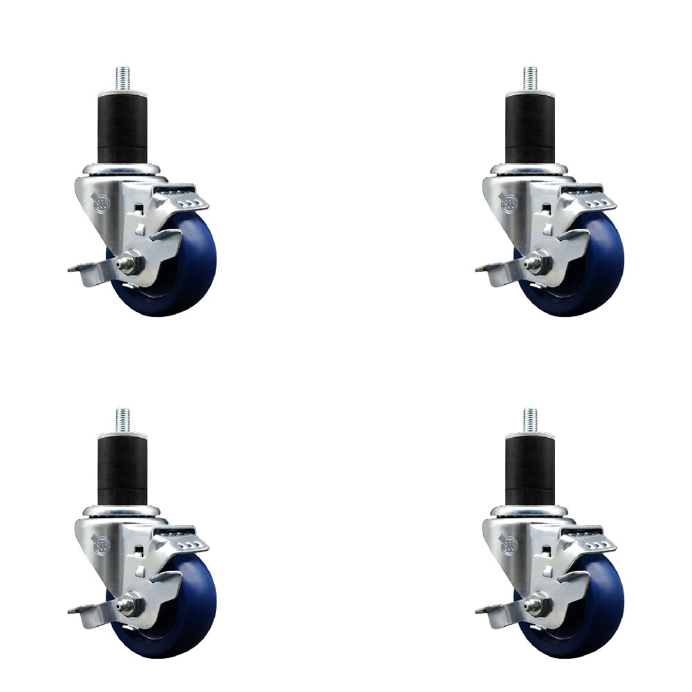 Stainless Steel Solid Polyurethane Swivel Expanding Stem Caster Set of 4 with 3 Inch Blue Wheels and 1-3/4" Stems-4 Swivel with Top Locking Brakes-300 lbs. Capacity Per Caster-Service Caster Brand — photo 1