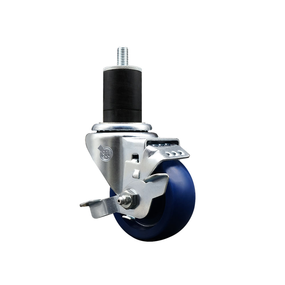 Solid Polyurethane Expanding Stem Swivel Caster with 3 Inch Blue Wheel and 1-3/4" Stem & Top Locking Brake - 300 lbs. Capacity Per Caster - Service Caster Brand — photo 1