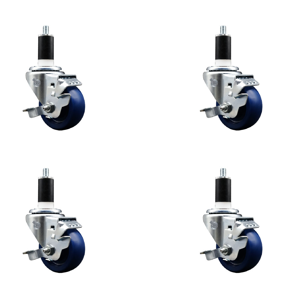 Solid Polyurethane Swivel Expanding Stem Caster Set of 4 with 3 Inch Blue Wheels and 1-3/8" Stems - Includes 4 Swivel with Top Locking Brakes - 300 lbs. Capacity Per Caster - Service Caster Brand — photo 1