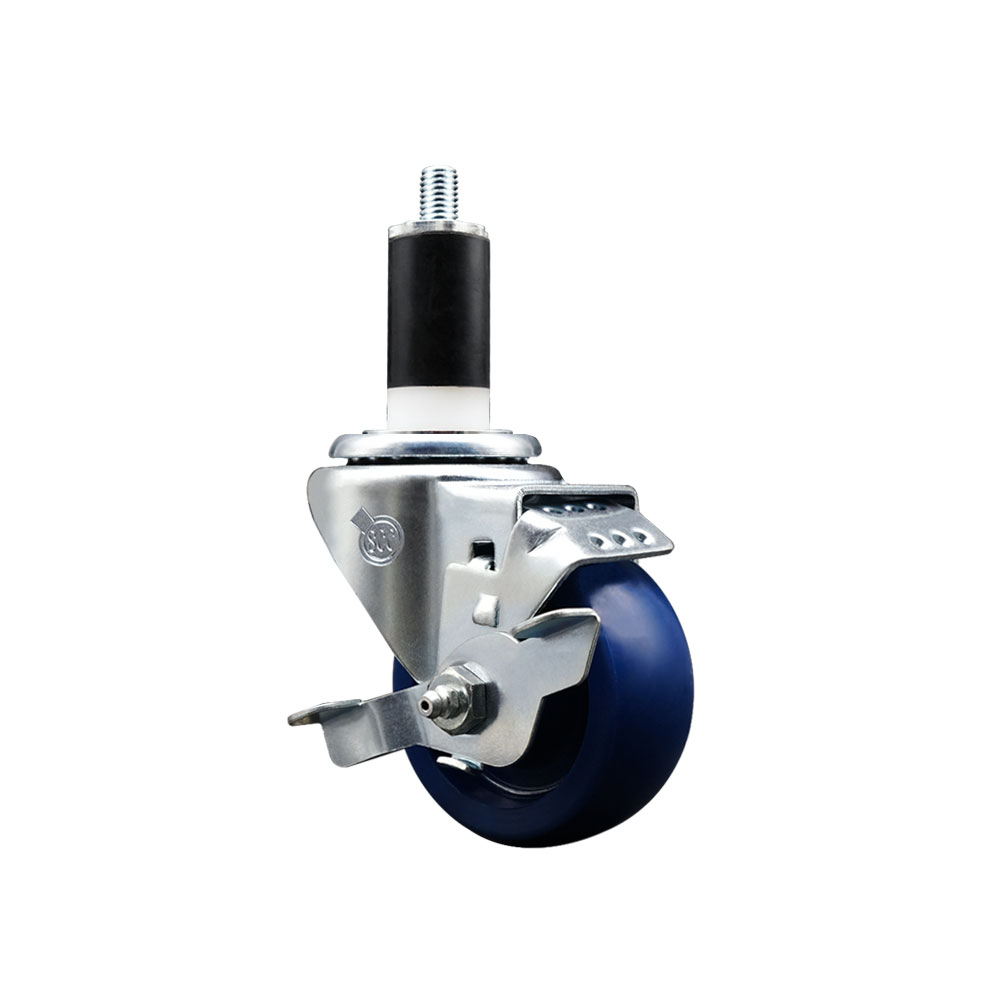 Stainless Steel Solid Polyurethane Expanding Stem Swivel Caster with 3.5 Inch Blue Wheel and 1-3/8" Stem & Top Locking Brake - 300 lbs. Capacity Per Caster - Service Caster Brand — photo 1