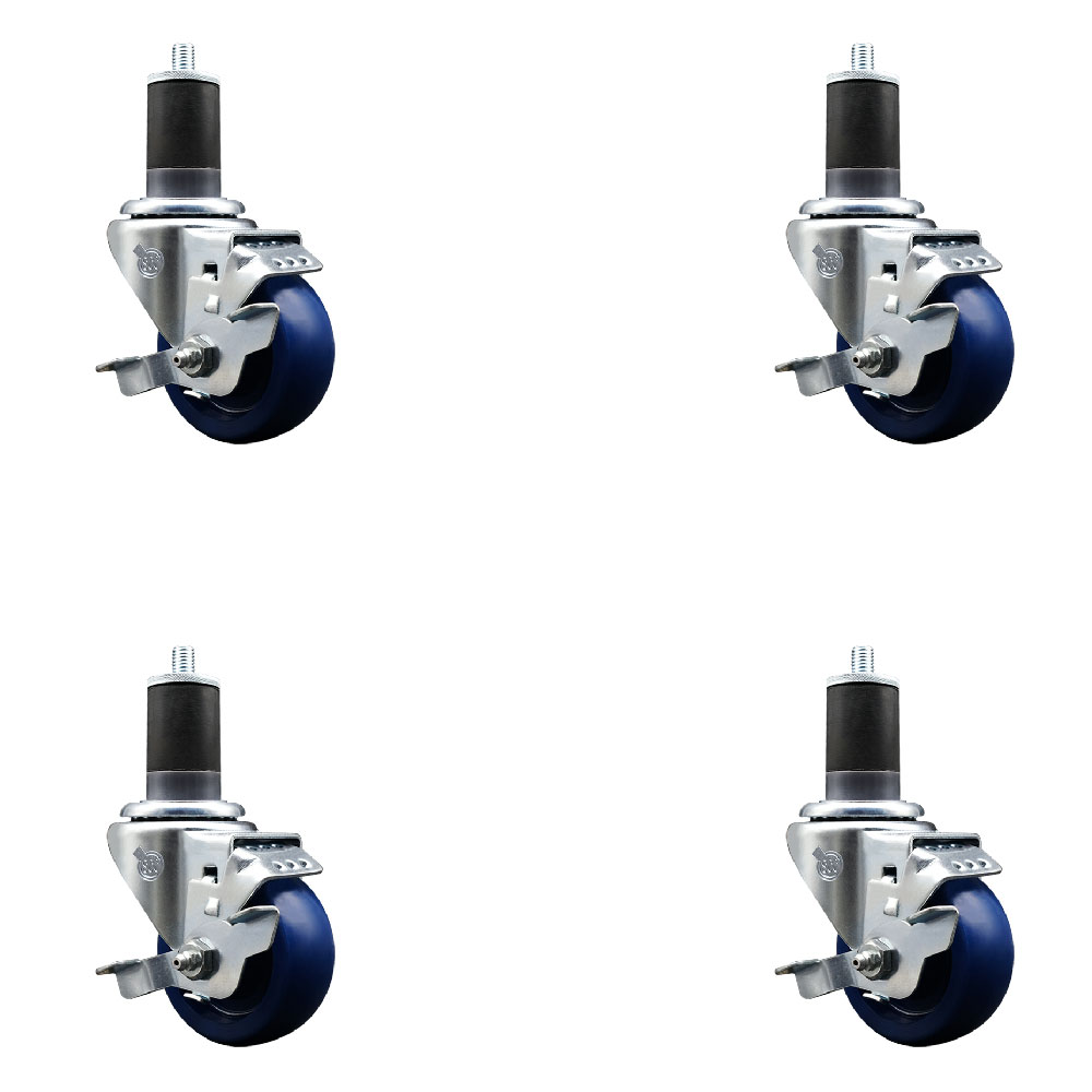 Stainless Steel Solid Polyurethane Swivel Expanding Stem Caster Set of 4 with 3 Inch Blue Wheels and 1-5/8" Stems-4 Swivel with Top Locking Brakes-300 lbs. Capacity Per Caster-Service Caster Brand — photo 1