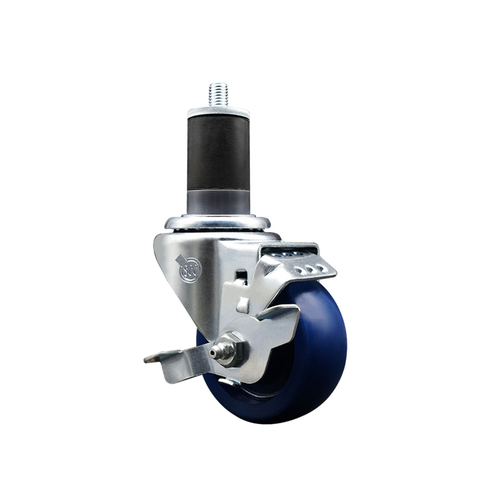 Stainless Steel Solid Polyurethane Expanding Stem Swivel Caster with 3 Inch Blue Wheel and 1-5/8" Stem & Top Locking Brake - 300 lbs. Capacity Per Caster - Service Caster Brand — photo 1