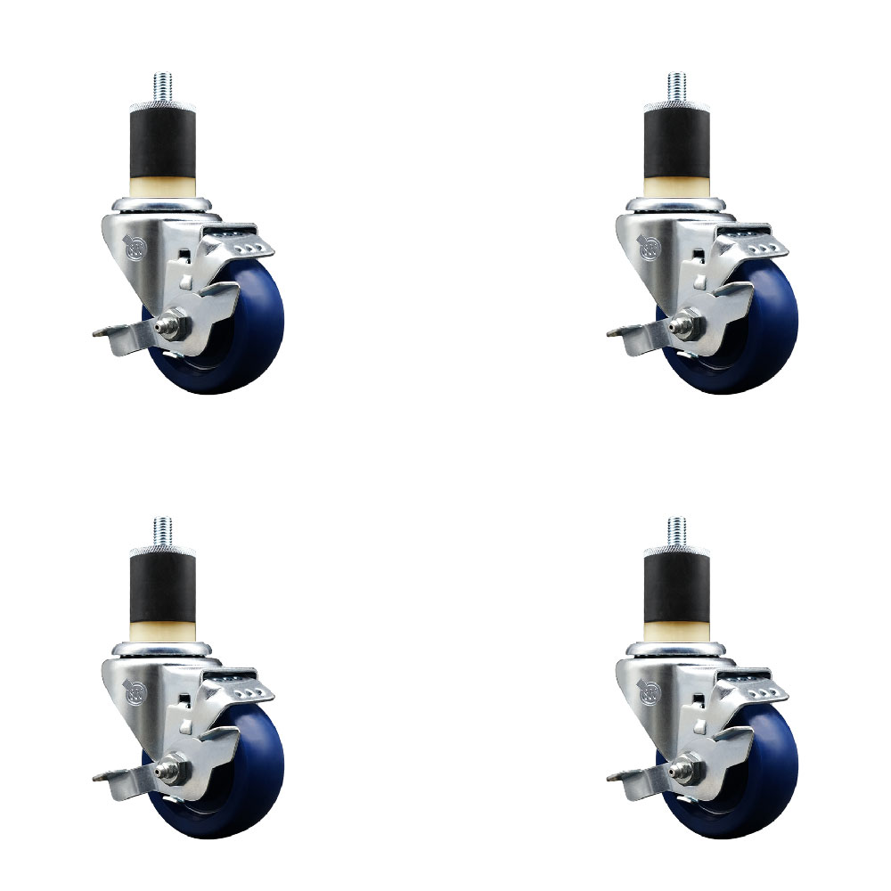 Stainless Steel Solid Polyurethane Swivel Expanding Stem Caster Set of 4 with 3 Inch Blue Wheels and 1-7/8" Stems-4 Swivel with Top Locking Brakes-300 lbs. Capacity Per Caster-Service Caster Brand — photo 1