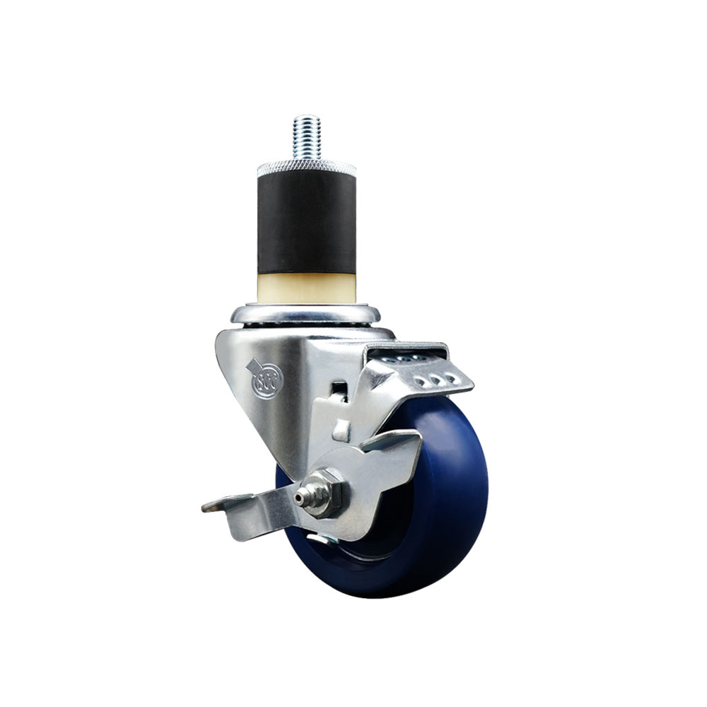 Stainless Steel Solid Polyurethane Expanding Stem Swivel Caster with 3 Inch Blue Wheel and 1-7/8" Stem & Top Locking Brake - 300 lbs. Capacity Per Caster - Service Caster Brand — photo 1