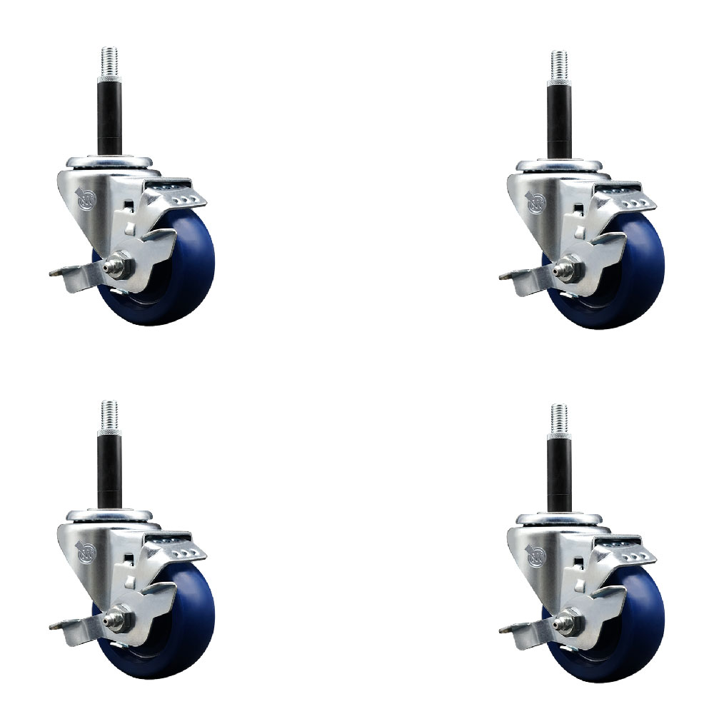 Stainless Steel Solid Polyurethane Swivel Expanding Stem Caster Set of 4 with 3 Inch Blue Wheels and 3/4" Stems - 4 Swivel with Top Locking Brakes - 300 lbs. Capacity Per Caster - Service Caster Brand — photo 1