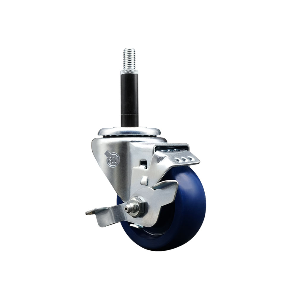 Solid Polyurethane Expanding Stem Swivel Caster with 3 Inch Blue Wheel and 3/4" Stem & Top Locking Brake - 300 lbs. Capacity Per Caster - Service Caster Brand — photo 1