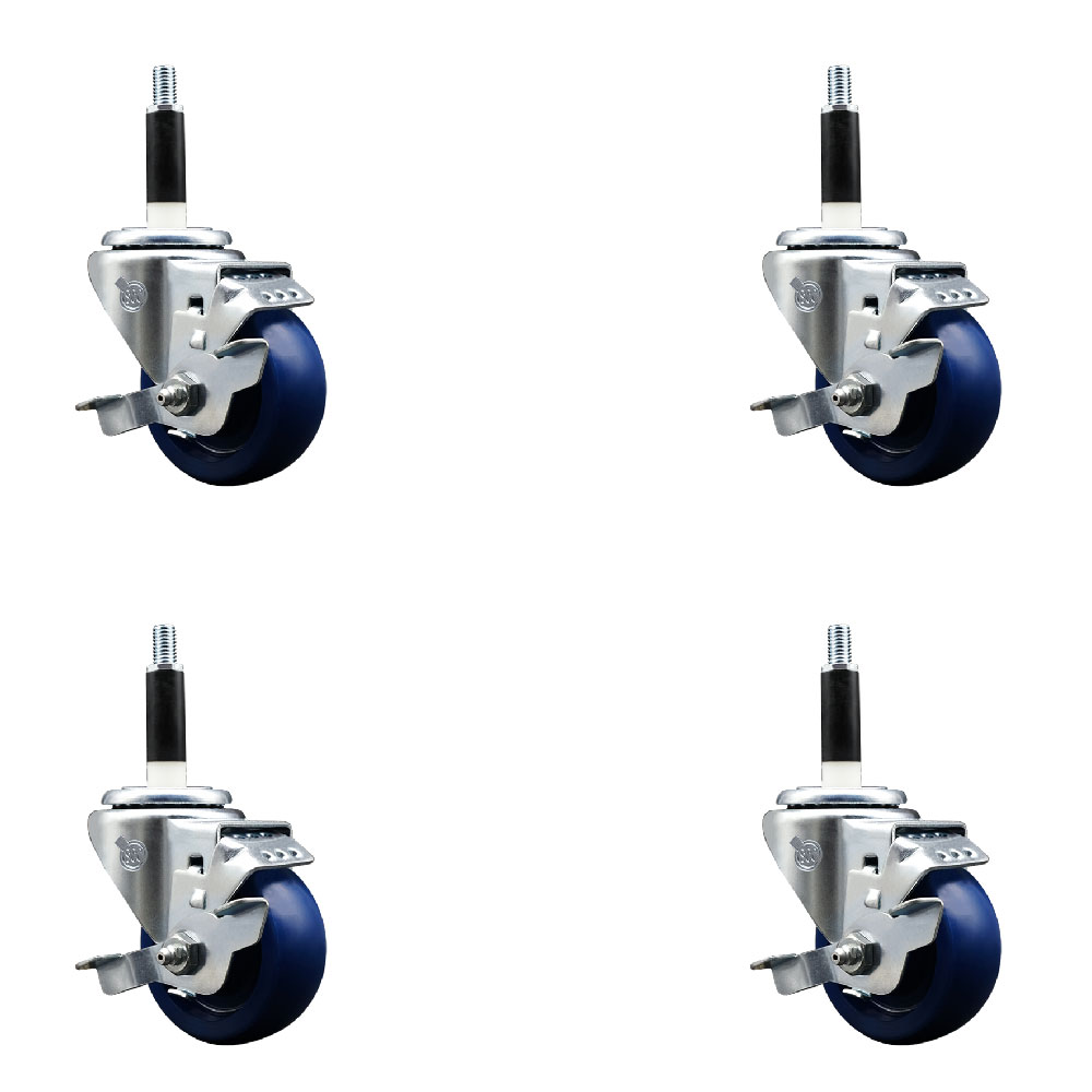 Stainless Steel Solid Polyurethane Swivel Expanding Stem Caster Set of 4 with 3 Inch Blue Wheels and 7/8" Stems - 4 Swivel with Top Locking Brakes - 300 lbs. Capacity Per Caster - Service Caster Brand — photo 1