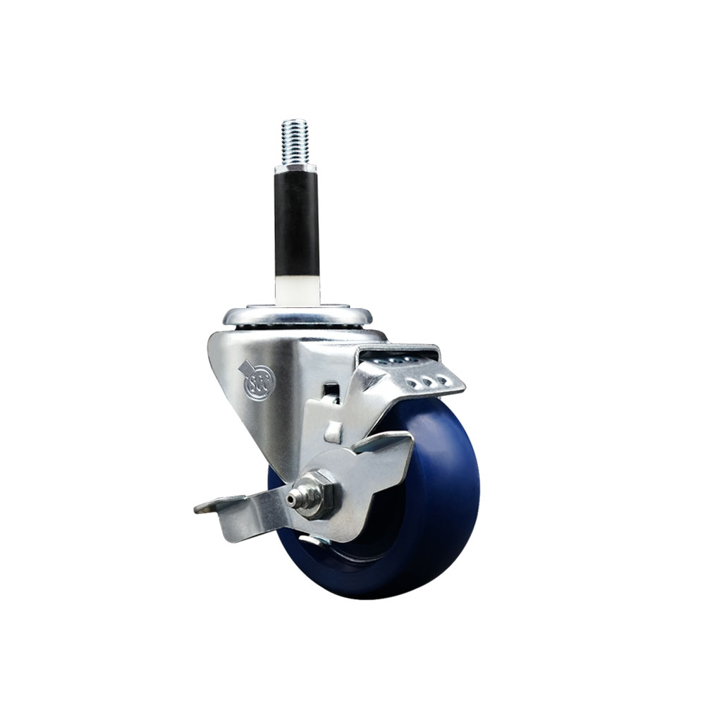 Solid Polyurethane Expanding Stem Swivel Caster with 3 Inch Blue Wheel and 7/8" Stem & Top Locking Brake - 300 lbs. Capacity Per Caster - Service Caster Brand — photo 1