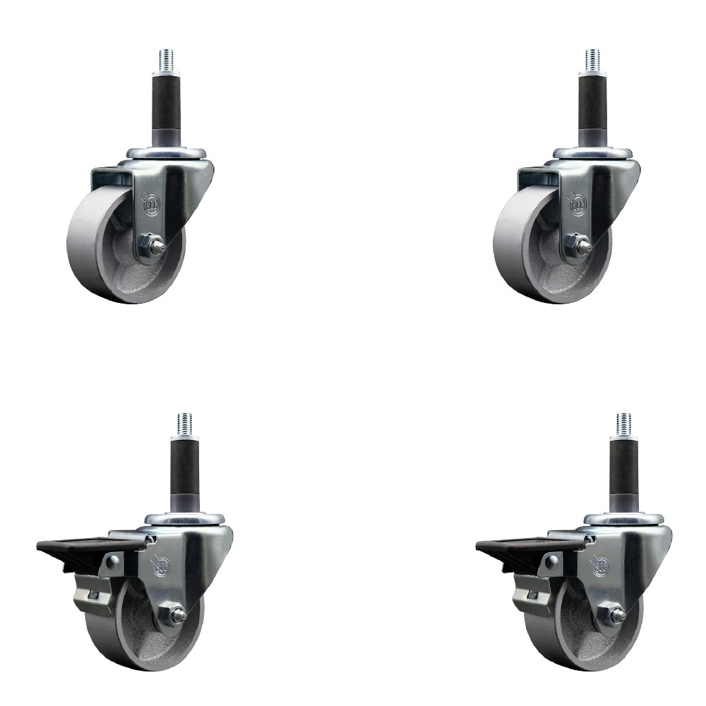 Semi Steel Cast Iron Swivel Expanding Stem Caster Set of 4 w/Roller Bearings - 3" x 1.5" Silver Wheels and 1" Stems - 2 with Posi Locking Brakes - 1200 lbs Total Capacity - Service Caster Brand — photo 1