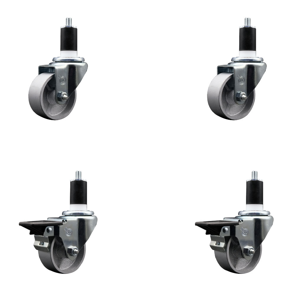 Semi Steel Cast Iron Swivel Expanding Stem Caster Set of 4 w/Roller Bearings - 3" x 1.5" Silver Wheels and 1-1/2" Stems - 2 with Posi Locking Brakes - 1200 lbs Total Capacity - Service Caster Brand — photo 1