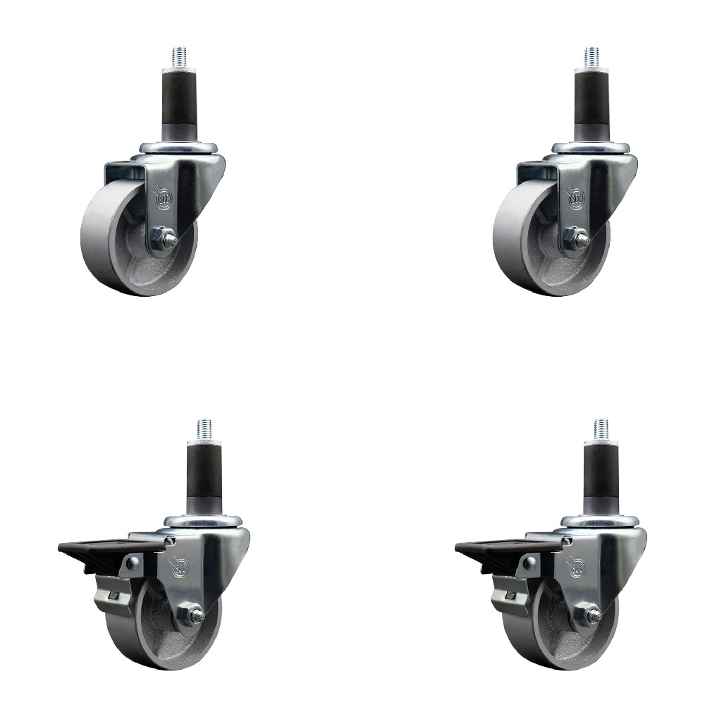 Semi Steel Cast Iron Swivel Expanding Stem Caster Set of 4 w/Roller Bearings - 3" x 1.5" Silver Wheels and 1-1/4" Stems - 2 with Posi Locking Brakes - 1200 lbs Total Capacity - Service Caster Brand — photo 1