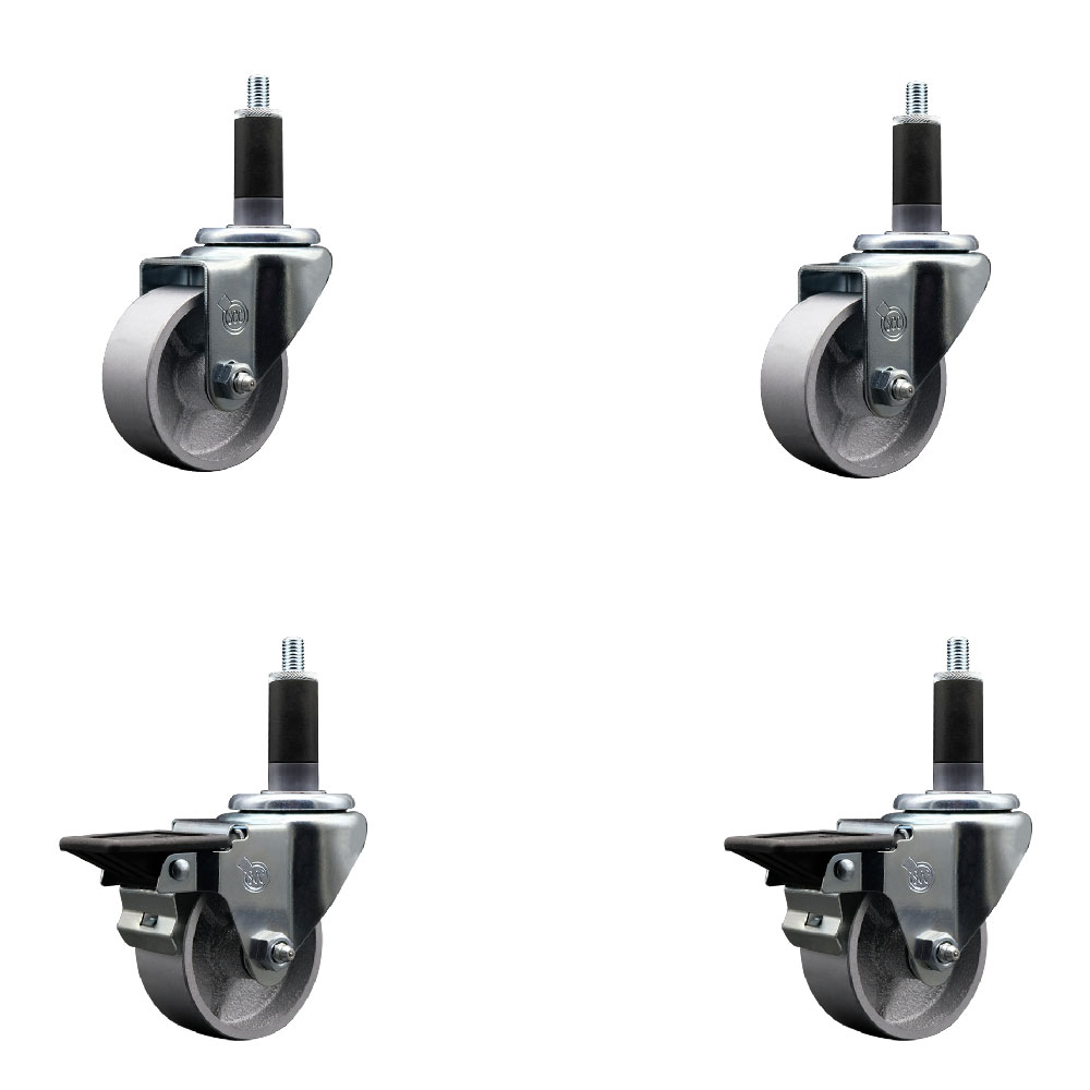 Semi Steel Cast Iron Swivel Expanding Stem Caster Set of 4 with 3 Inch Silver Wheels and 1-1/8" Stems - Includes 2 with Posi Locking Brakes - 1200 lbs Total Capacity - Service Caster Brand — photo 1