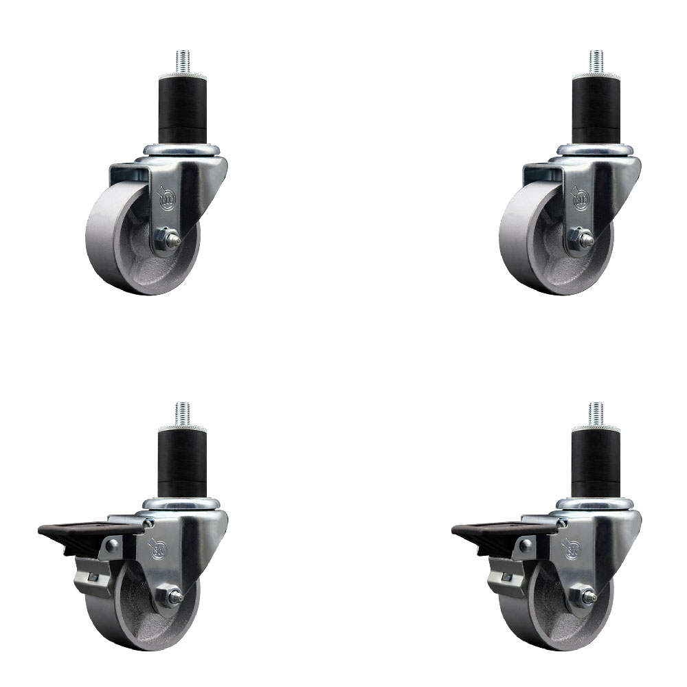 Semi Steel Cast Iron Swivel Expanding Stem Caster Set of 4 w/Roller Bearings - 3" x 1.5" Silver Wheels and 1-3/4" Stems - 2 with Posi Locking Brakes - 1200 lbs Total Capacity - Service Caster Brand — photo 1