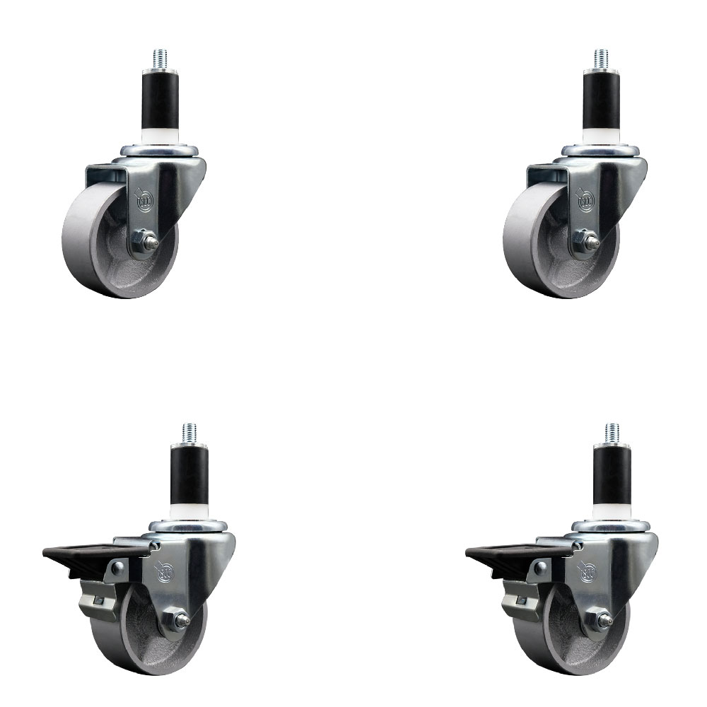 Semi Steel Cast Iron Swivel Expanding Stem Caster Set of 4 with 3 Inch Silver Wheels and 1-3/8" Stems - Includes 2 with Posi Locking Brakes - 1200 lbs Total Capacity - Service Caster Brand — photo 1
