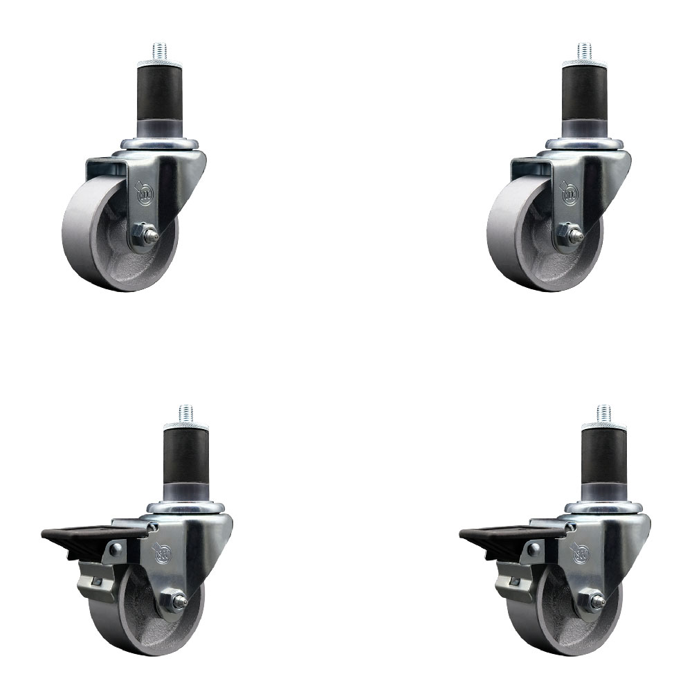 Semi Steel Cast Iron Swivel Expanding Stem Caster Set of 4 w/Roller Bearings - 3" x 1.5" Silver Wheels and 1-5/8" Stems - 2 with Posi Locking Brakes - 1200 lbs Total Capacity - Service Caster Brand — photo 1