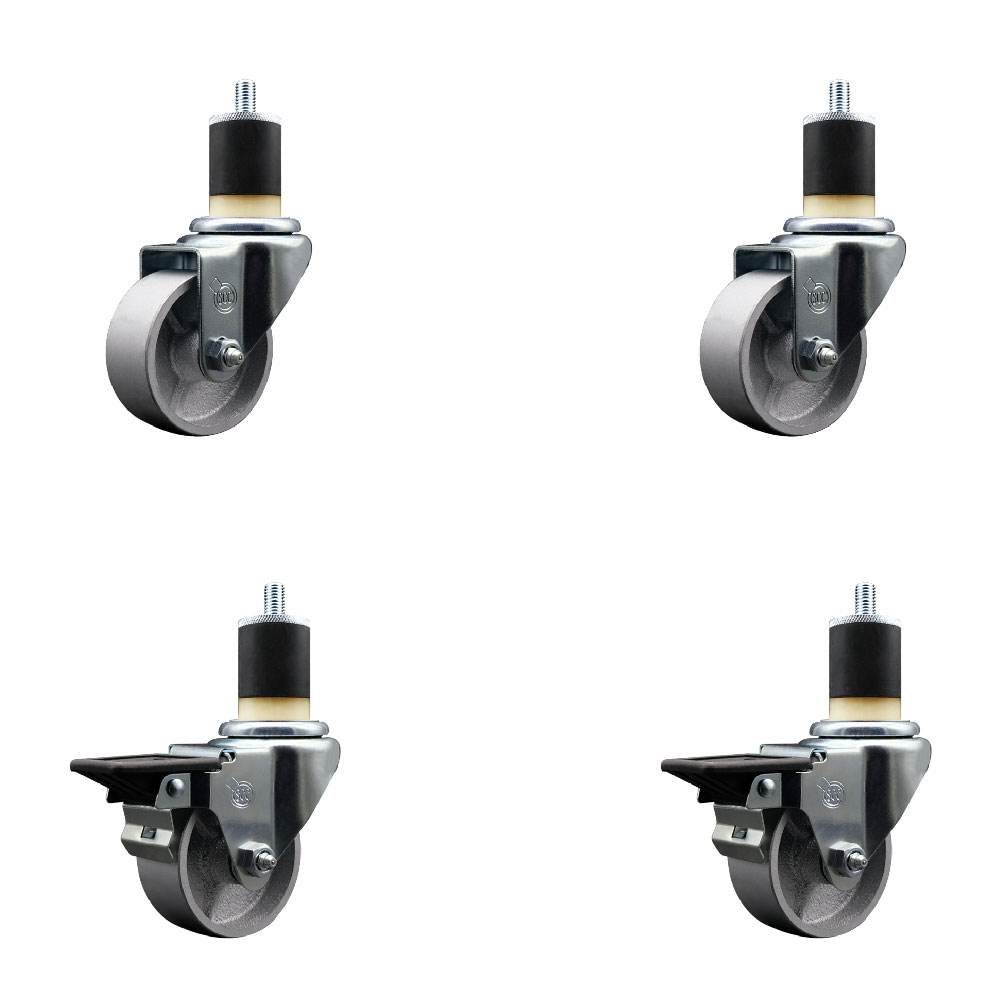 Semi Steel Cast Iron Swivel Expanding Stem Caster Set of 4 w/Roller Bearings - 3" x 1.5" Silver Wheels and 1-7/8" Stems - 2 with Posi Locking Brakes - 1200 lbs Total Capacity - Service Caster Brand — photo 1