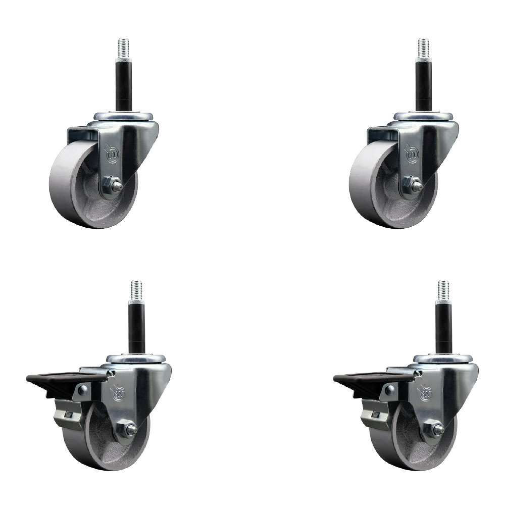 Semi Steel Cast Iron Swivel Expanding Stem Caster Set of 4 with 3 Inch Silver Wheels and 3/4" Stems - Includes 2 with Posi Locking Brakes - 1200 lbs Total Capacity - Service Caster Brand — photo 1