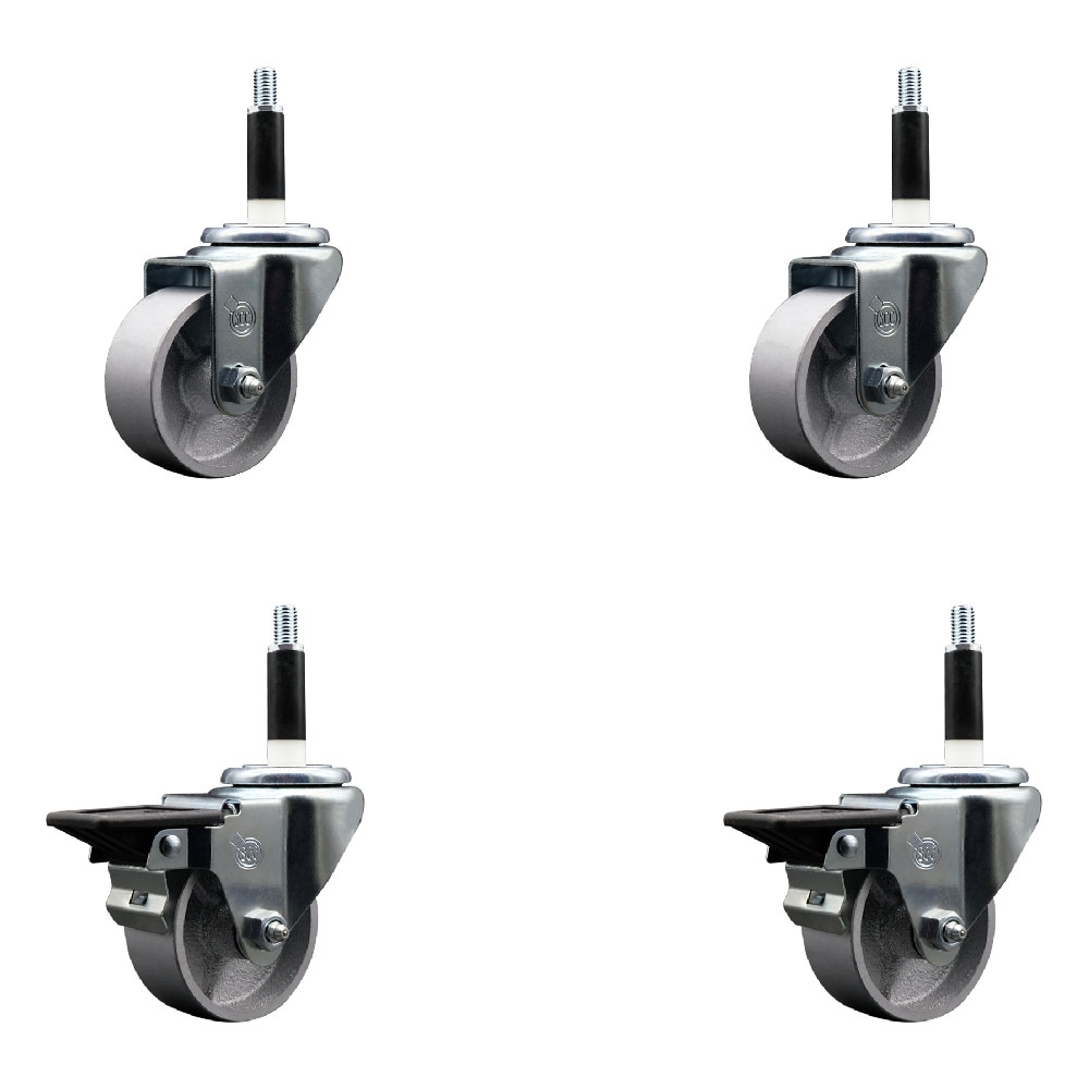 Semi Steel Cast Iron Swivel Expanding Stem Caster Set of 4 with 3 Inch Silver Wheels and 7/8" Stems - Includes 2 with Posi Locking Brakes - 1200 lbs Total Capacity - Service Caster Brand — photo 1