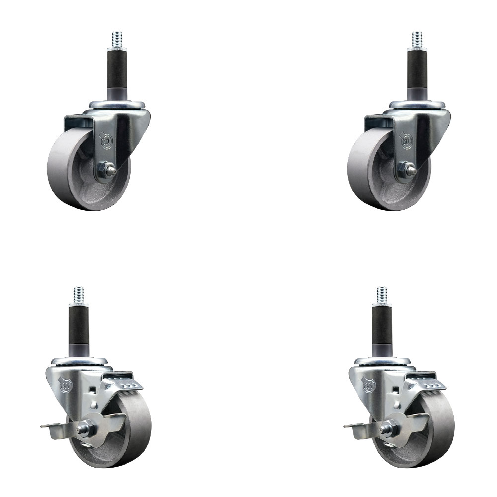 Semi Steel Cast Iron Swivel Expanding Stem Caster Set of 4 with 3 Inch Silver Wheels and 1" Stems - Includes 2 with Top Locking Brakes - 1200 lbs Total Capacity - Service Caster Brand — photo 1