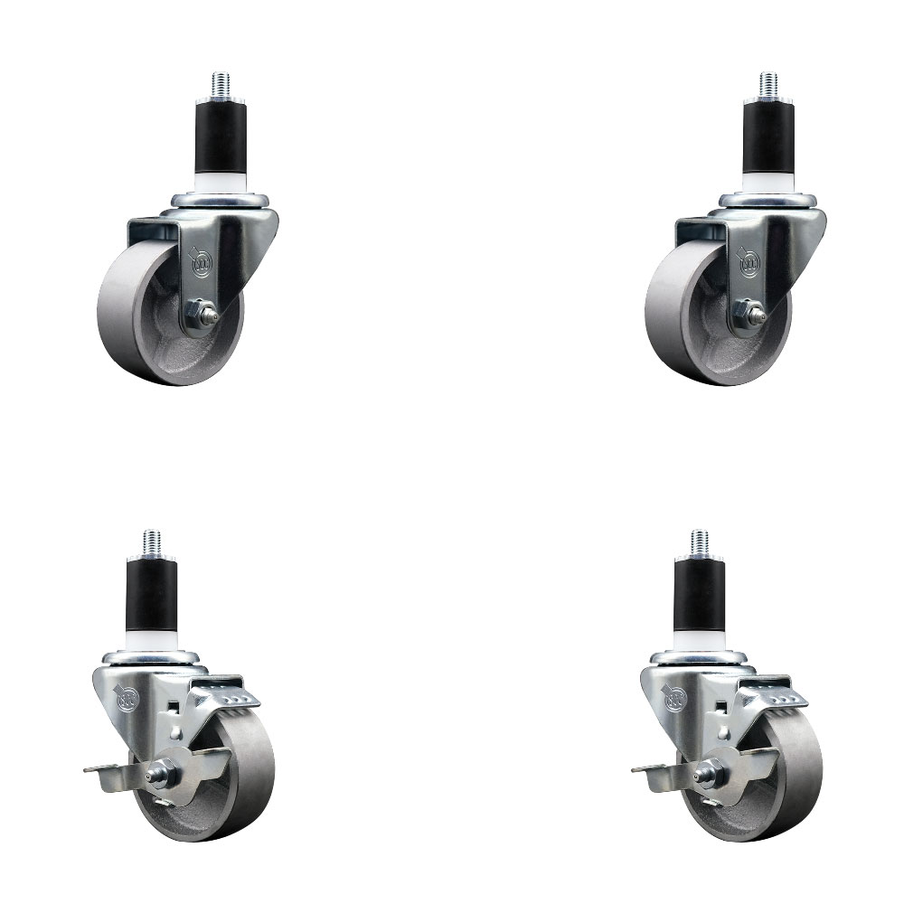 Semi Steel Cast Iron Swivel Expanding Stem Caster Set of 4 w/Roller Bearings - 3" x 1.5" Silver Wheels and 1-1/2" Stems - 2 with Top Locking Brakes - 1200 lbs Total Capacity - Service Caster Brand — photo 1