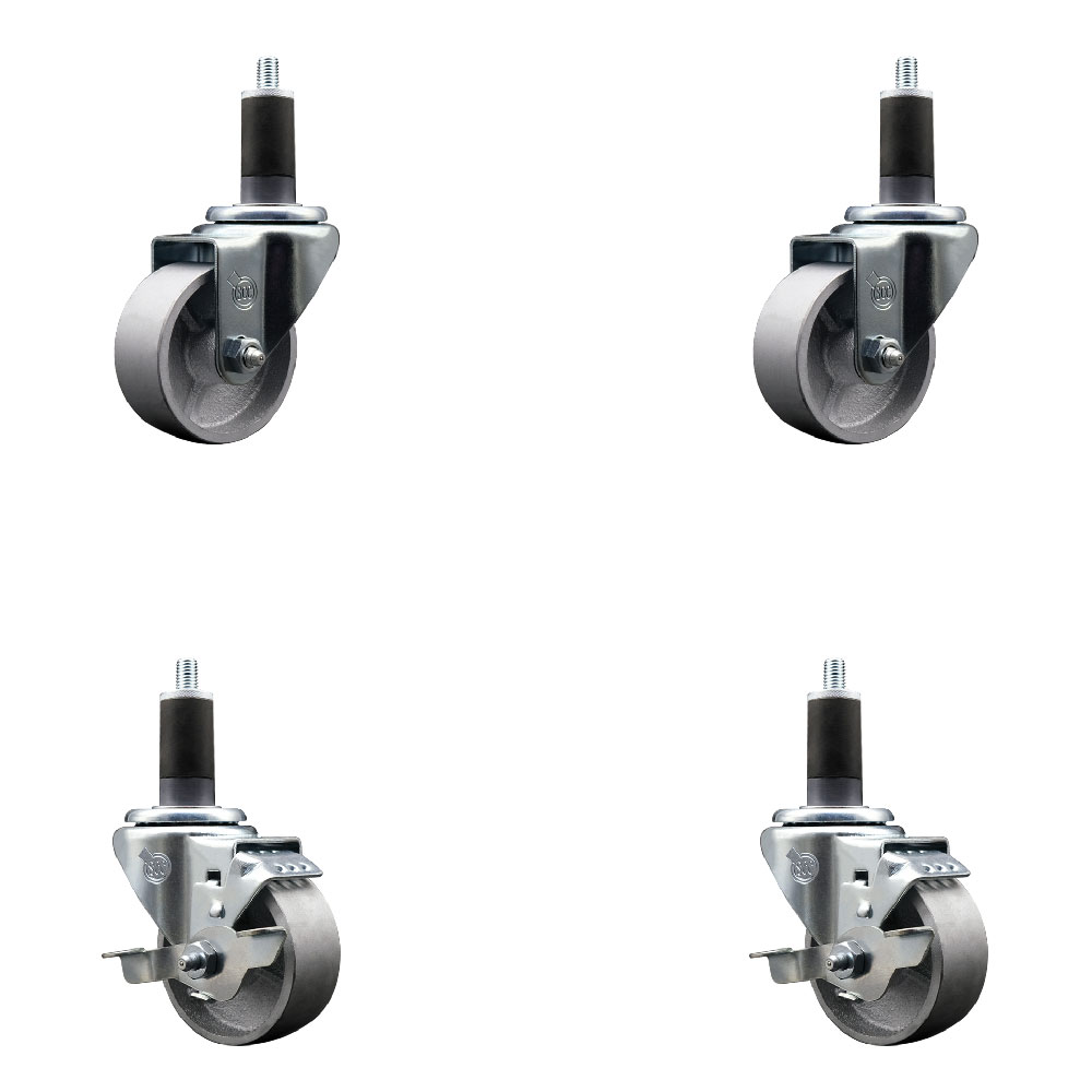 Semi Steel Cast Iron Swivel Expanding Stem Caster Set of 4 w/Roller Bearings - 3" x 1.5" Silver Wheels and 1-1/4" Stems - 2 with Top Locking Brakes - 1200 lbs Total Capacity - Service Caster Brand — photo 1