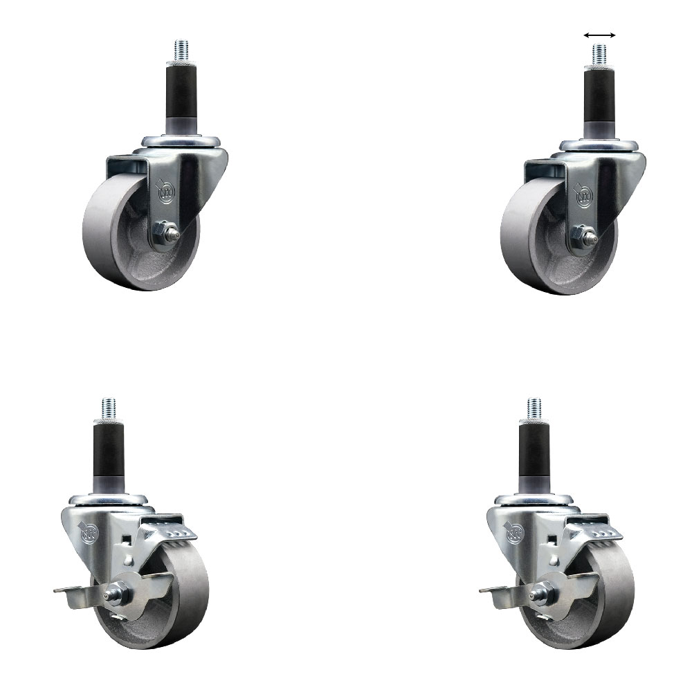 Semi Steel Cast Iron Swivel Expanding Stem Caster Set of 4 w/Roller Bearings - 3" x 1.5" Silver Wheels and 1-1/8" Stems - 2 with Top Locking Brakes - 1200 lbs Total Capacity - Service Caster Brand — photo 1