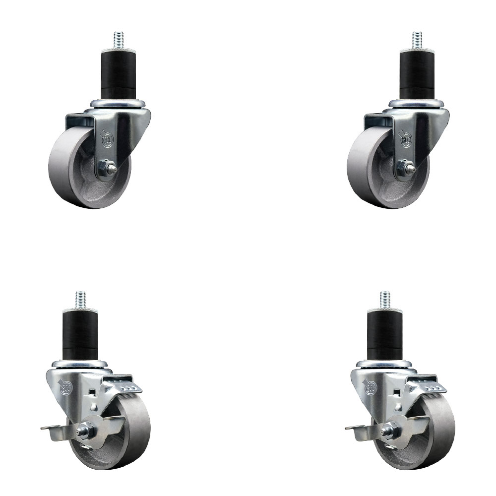 Semi Steel Cast Iron Swivel Expanding Stem Caster Set of 4 w/Roller Bearings - 3" x 1.5" Silver Wheels and 1-3/4" Stems - 2 with Top Locking Brakes - 1200 lbs Total Capacity - Service Caster Brand — photo 1
