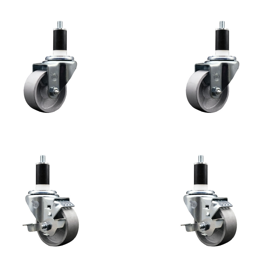 Semi Steel Cast Iron Swivel Expanding Stem Caster Set of 4 w/Roller Bearings - 3" x 1.5" Silver Wheels and 1-3/8" Stems - 2 with Top Locking Brakes - 1200 lbs Total Capacity - Service Caster Brand — photo 1
