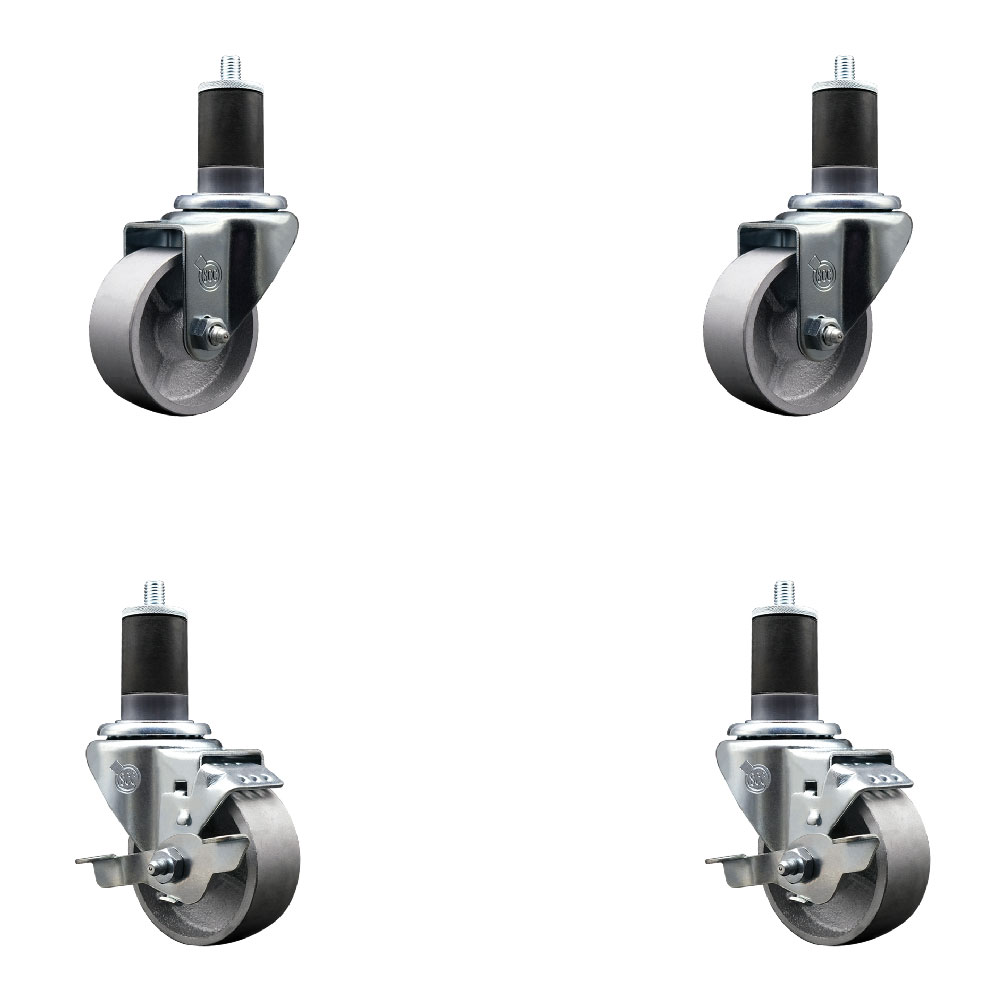 Semi Steel Cast Iron Swivel Expanding Stem Caster Set of 4 w/Roller Bearings - 3" x 1.5" Silver Wheels and 1-5/8" Stems - 2 with Top Locking Brakes - 1200 lbs Total Capacity - Service Caster Brand — photo 1