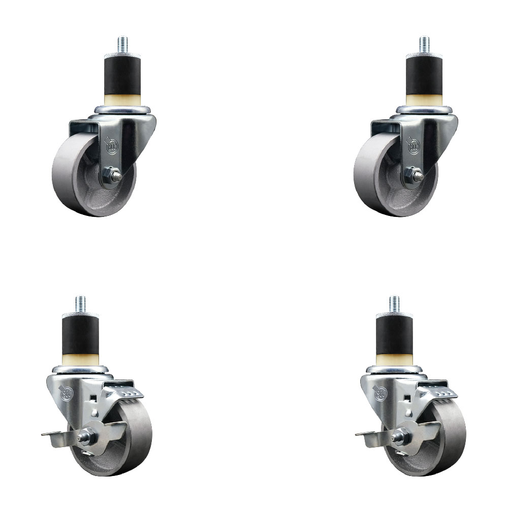 Semi Steel Cast Iron Swivel Expanding Stem Caster Set of 4 w/Roller Bearings - 3" x 1.5" Silver Wheels and 1-7/8" Stems - 2 with Top Locking Brakes - 1200 lbs Total Capacity - Service Caster Brand — photo 1