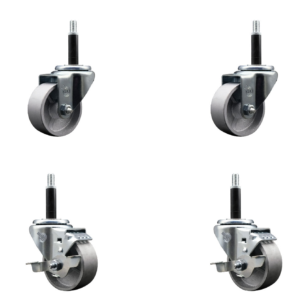 Semi Steel Cast Iron Swivel Expanding Stem Caster Set of 4 w/Roller Bearings - 3" x 1.5" Silver Wheels and 3/4" Stems - 2 with Top Locking Brakes - 1200 lbs Total Capacity - Service Caster Brand — photo 1