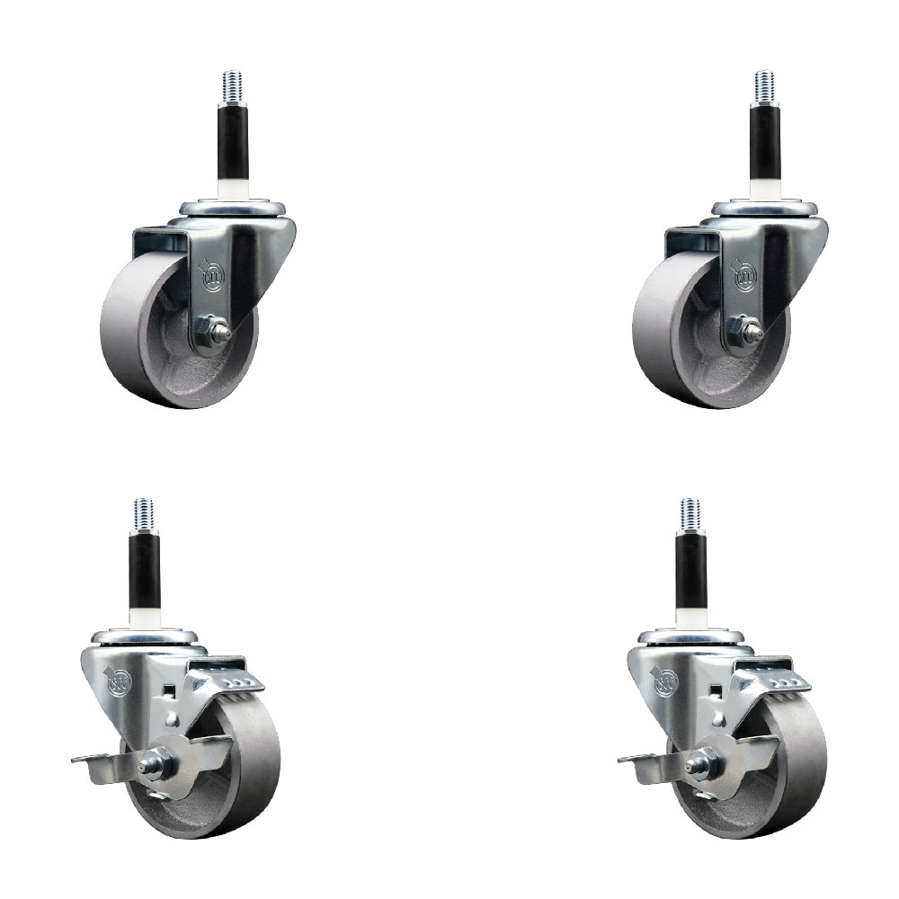 Semi Steel Cast Iron Swivel Expanding Stem Caster Set of 4 with 3 Inch Silver Wheels and 7/8" Stems - Includes 2 with Top Locking Brakes - 1200 lbs Total Capacity - Service Caster Brand — photo 1