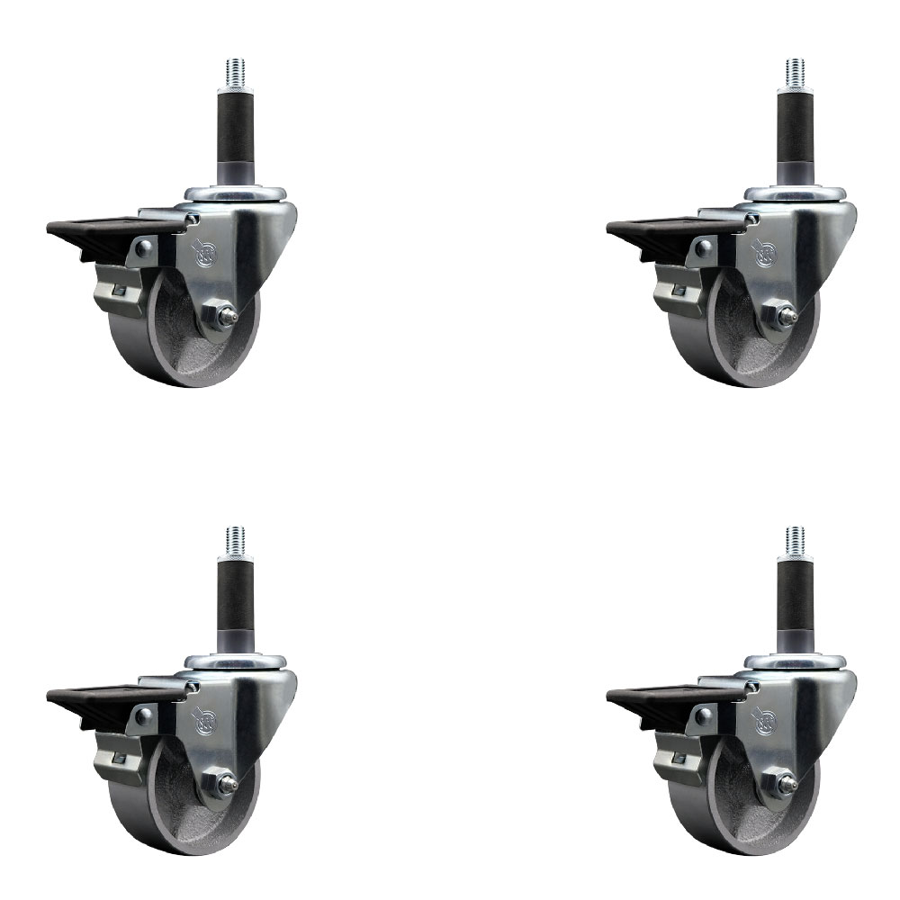 Semi Steel Cast Iron Swivel Expanding Stem Caster Set of 4 with 3 Inch Silver Wheels and 1" Stems - Includes 4 Swivel with Posi Locking Brakes - 300 lbs. Capacity Per Caster - Service Caster Brand — photo 1