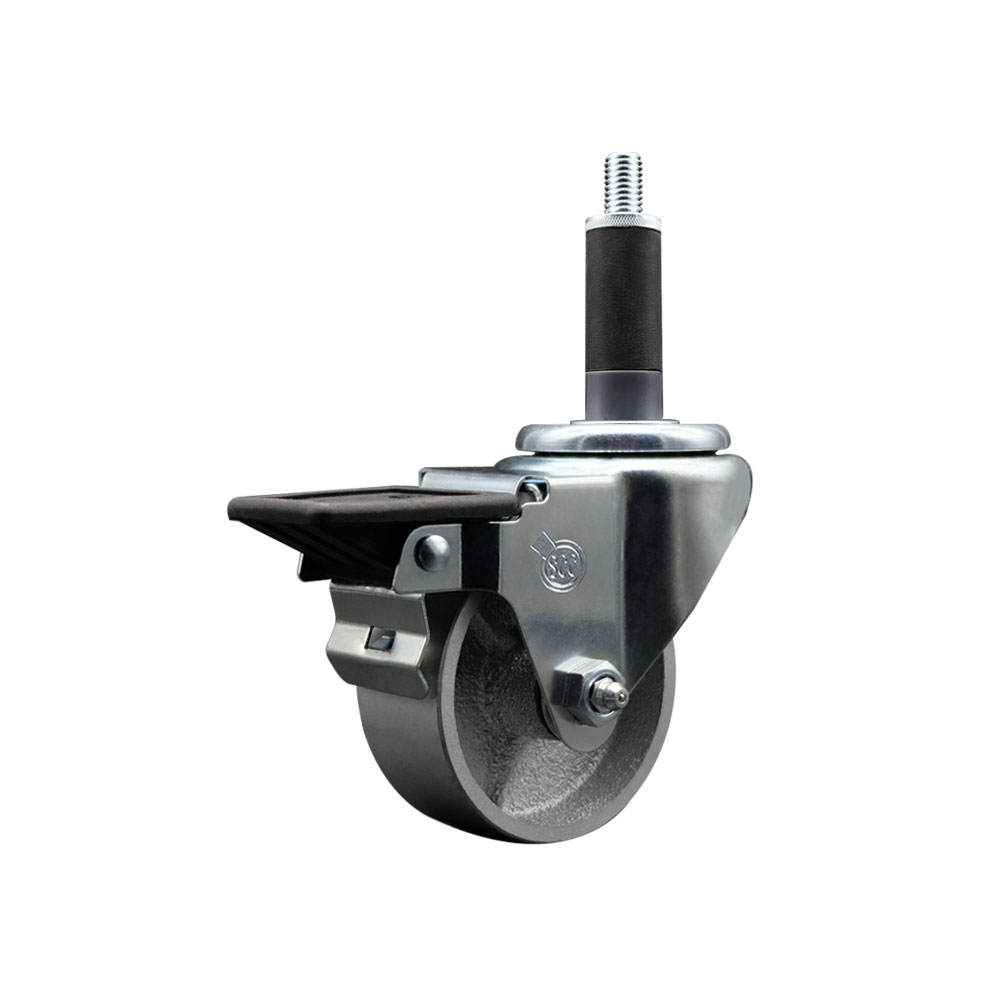 Semi Steel Cast Iron Swivel Expanding Stem Caster w/Roller Bearing - 3" x 1.5" Silver Wheel and 1" Stem & Posi Locking Brake - 300 lbs Capacity/Caster - Service Caster Brand — photo 1