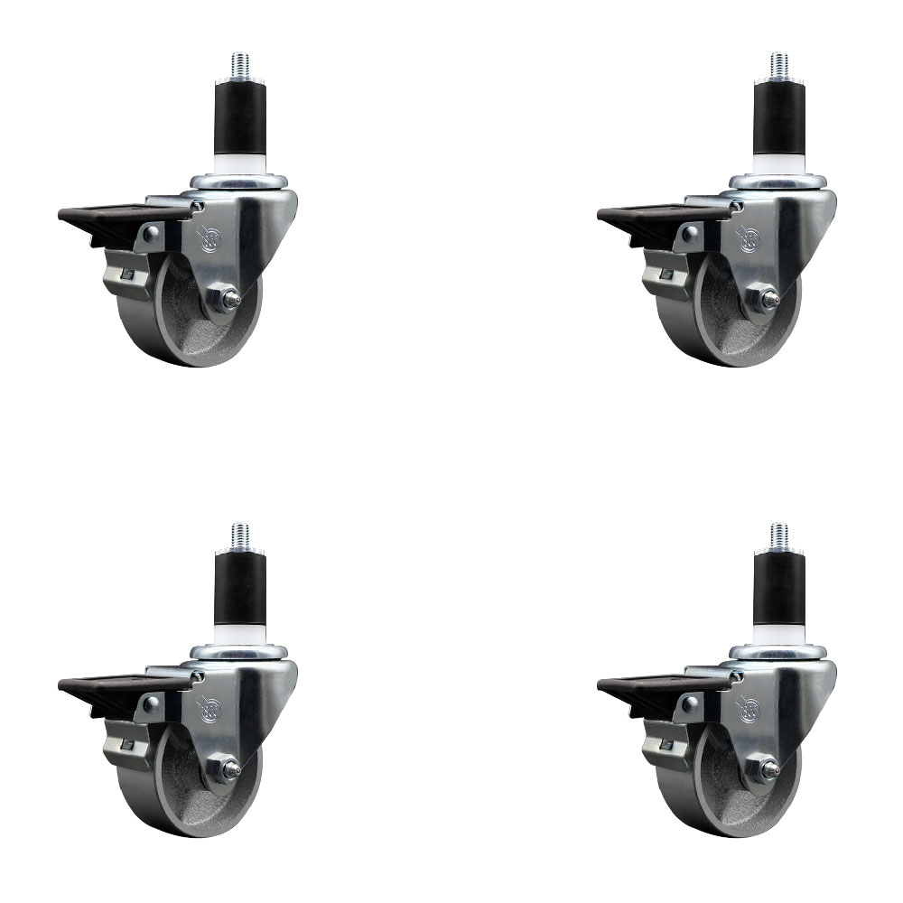 Semi Steel Cast Iron Swivel Expanding Stem Caster Set of 4 with Roller Bearings - 3" x 1.5" Silver Wheels and 1-1/2" Stems - 4 with Posi Lock Brakes - 1200 lbs Total Capacity - Service Caster Brand — photo 1