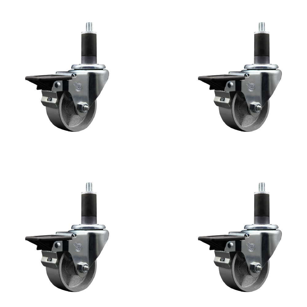 Semi Steel Cast Iron Swivel Expanding Stem Caster Set of 4 with 3 Inch Silver Wheels and 1-1/4" Stems - Includes 4 Swivel with Posi Locking Brakes - 300 lbs. Capacity Per Caster - Service Caster Brand — photo 1