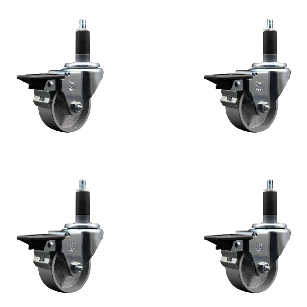 Semi Steel Cast Iron Swivel Expanding Stem Caster Set of 4 with Roller Bearings - 3" x 1.5" Silver Wheels and 1-1/8" Stems - 4 with Posi Lock Brakes - 1200 lbs Total Capacity - Service Caster Brand — photo 1
