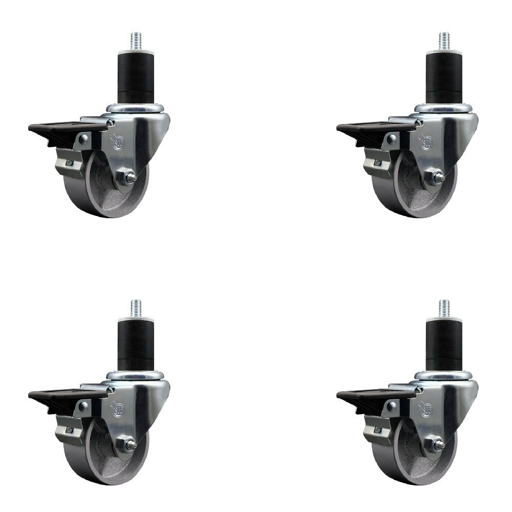 Semi Steel Cast Iron Swivel Expanding Stem Caster Set of 4 with 3 Inch Silver Wheels and 1-3/4" Stems - Includes 4 Swivel with Posi Locking Brakes - 300 lbs. Capacity Per Caster - Service Caster Brand — photo 1