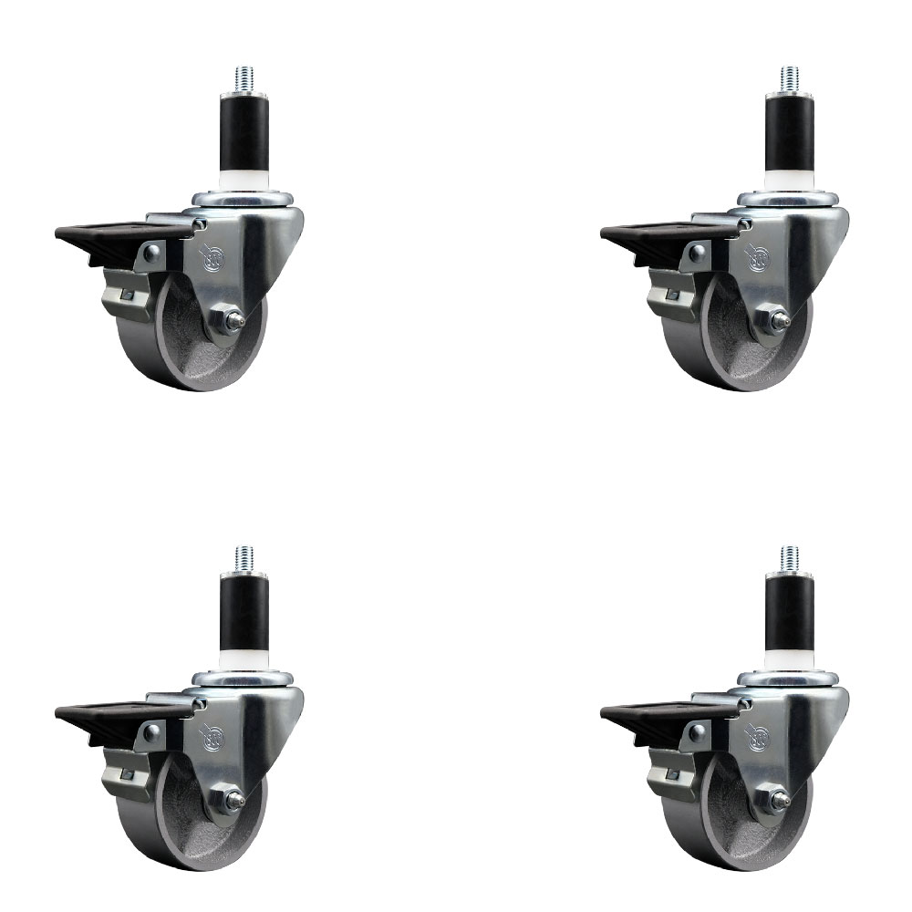 Semi Steel Cast Iron Swivel Expanding Stem Caster Set of 4 with Roller Bearings - 3" x 1.5" Silver Wheels and 1-3/8" Stems - 4 with Posi Lock Brakes - 1200 lbs Total Capacity - Service Caster Brand — photo 1