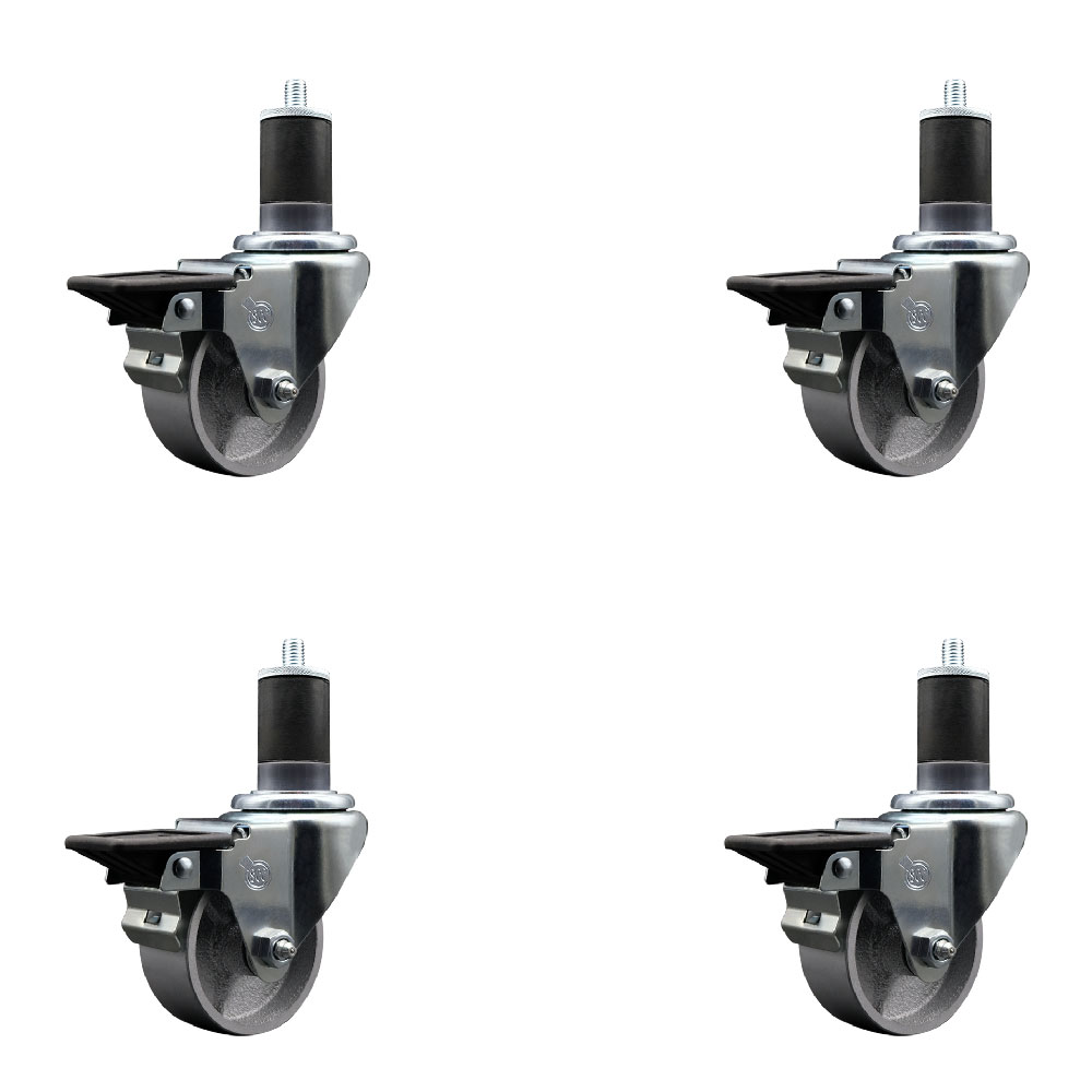 Semi Steel Cast Iron Swivel Expanding Stem Caster Set of 4 with Roller Bearings - 3" x 1.5" Silver Wheels and 1-5/8" Stems - 4 with Posi Lock Brakes - 1200 lbs Total Capacity - Service Caster Brand — photo 1