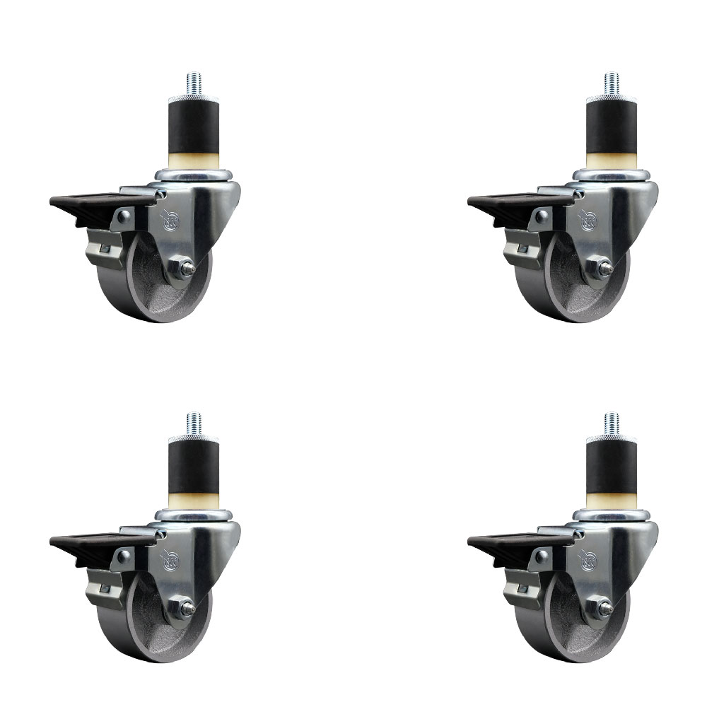 Semi Steel Cast Iron Swivel Expanding Stem Caster Set of 4 with 3 Inch Silver Wheels and 1-7/8" Stems - Includes 4 Swivel with Posi Locking Brakes - 300 lbs. Capacity Per Caster - Service Caster Brand — photo 1