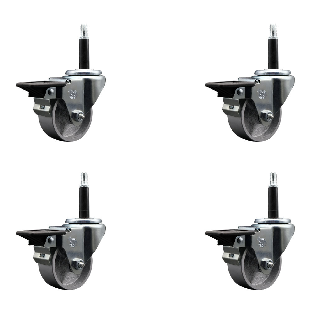 Semi Steel Cast Iron Swivel Expanding Stem Caster Set of 4 with Roller Bearings - 3" x 1.5" Silver Wheels and 3/4" Stems - 4 with Posi Lock Brakes - 1200 lbs Total Capacity - Service Caster Brand — photo 1