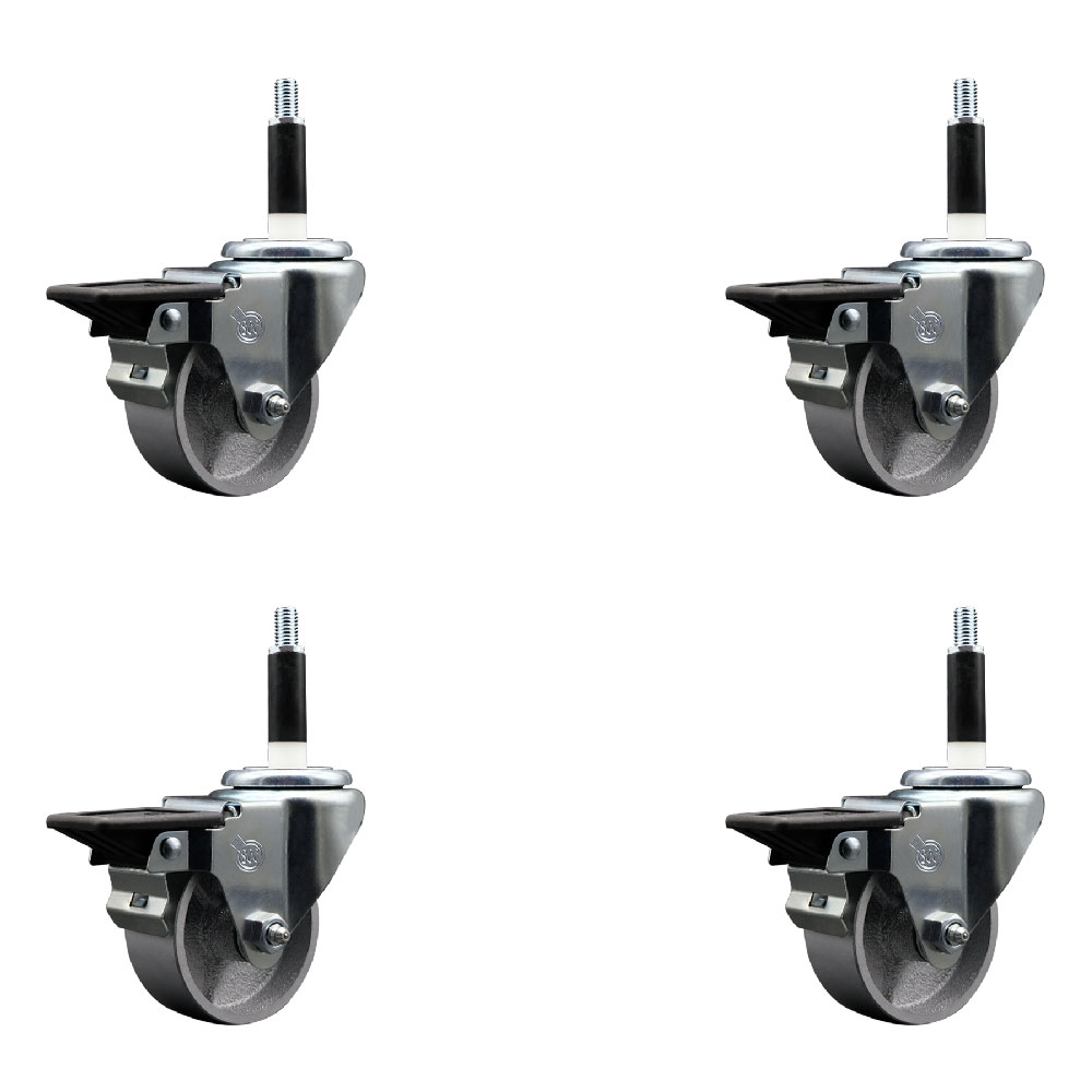 Semi Steel Cast Iron Swivel Expanding Stem Caster Set of 4 with Roller Bearings - 3" x 1.5" Silver Wheels and 7/8" Stems - 4 with Posi Lock Brakes - 1200 lbs Total Capacity - Service Caster Brand — photo 1