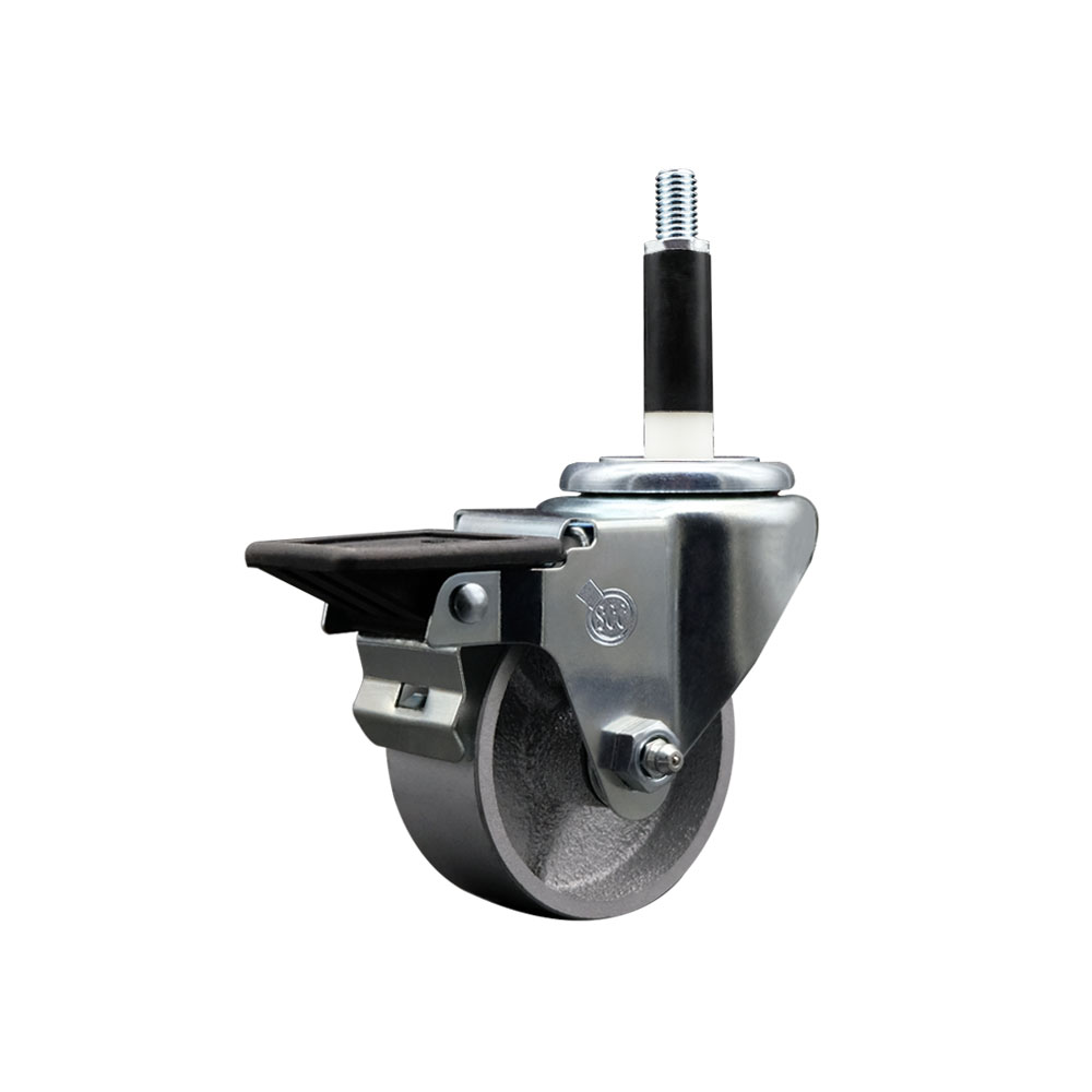 Semi Steel Cast Iron Swivel Expanding Stem Caster w/Roller Bearing - 3" x 1.5" Silver Wheel and 7/8" Stem & Posi Locking Brake - 300 lbs Capacity/Caster - Service Caster Brand — photo 1
