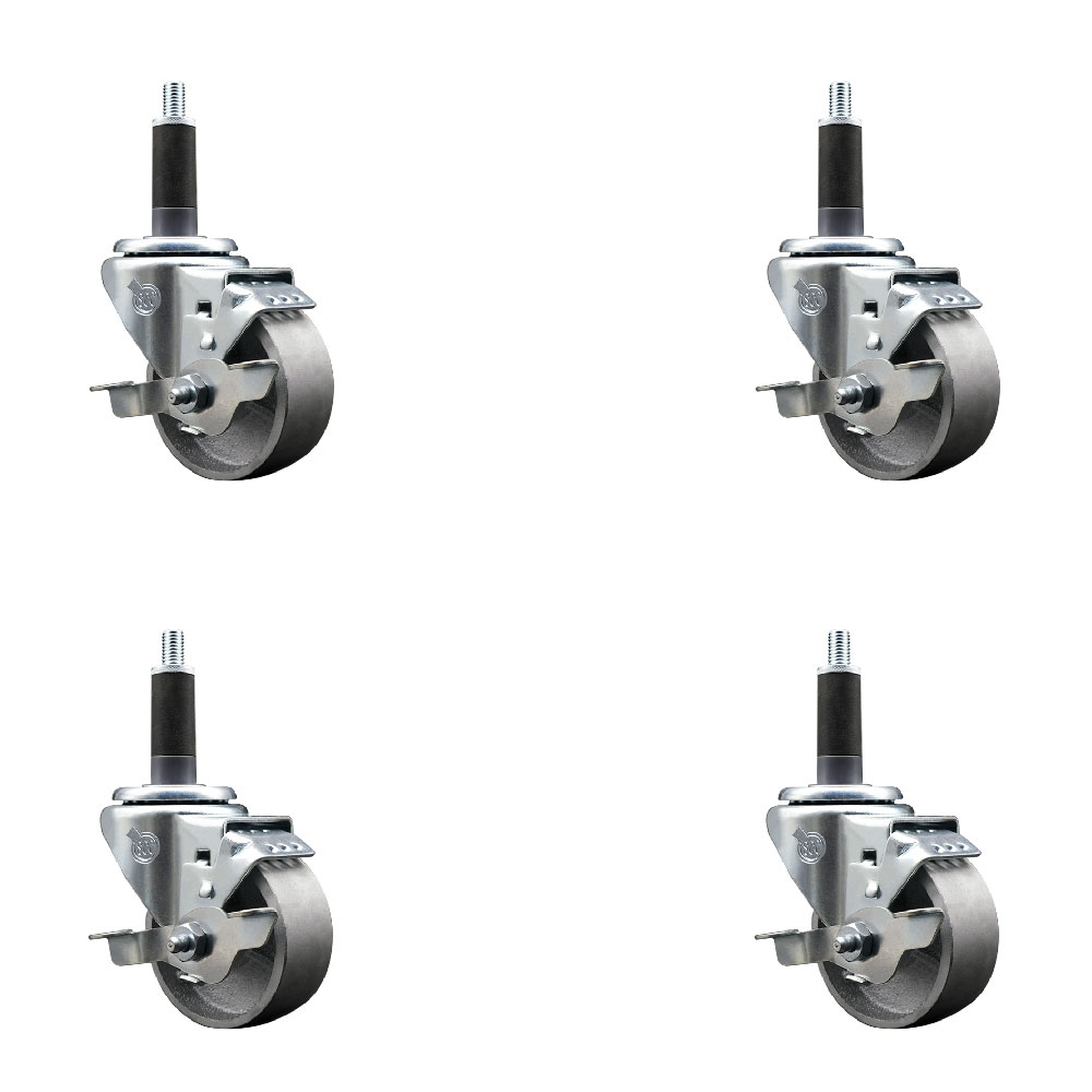 Semi Steel Cast Iron Swivel Expanding Stem Caster Set of 4 with Roller Bearings - 3" x 1.5" Silver Wheels and 1" Stems - 4 with Top Lock Brakes - 1200 lbs Total Capacity - Service Caster Brand — photo 1