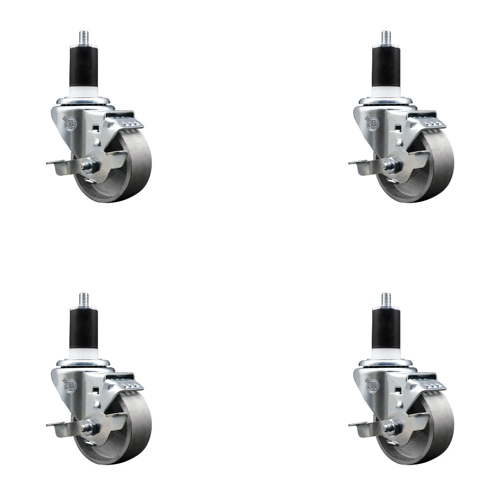 Semi Steel Cast Iron Swivel Expanding Stem Caster Set of 4 with 3 Inch Silver Wheels and 1-1/2" Stems - Includes 4 Swivel with Top Locking Brakes - 300 lbs. Capacity Per Caster - Service Caster Brand — photo 1