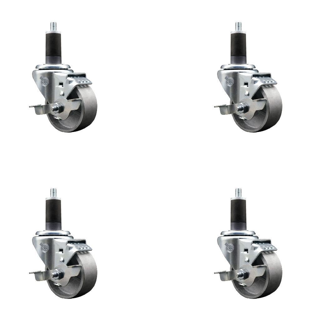 Semi Steel Cast Iron Swivel Expanding Stem Caster Set of 4 with Roller Bearings - 3" x 1.5" Silver Wheels and 1-1/4" Stems - 4 with Top Lock Brakes - 1200 lbs Total Capacity - Service Caster Brand — photo 1